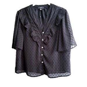 Haver Swiss Dot Short Sleeve Blouse Button Down Top Black Size S